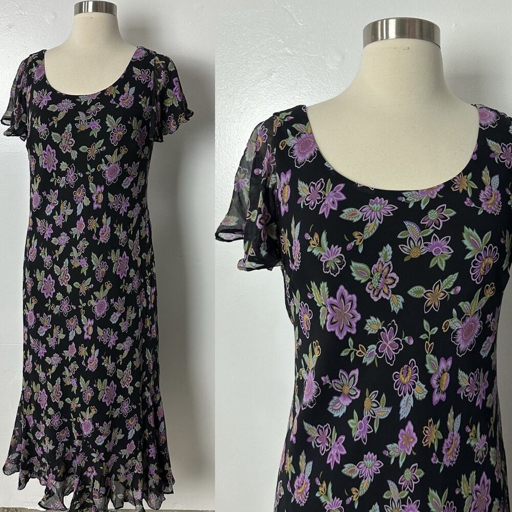 Y2K Chadwicks Floral 100% Silk Midi Dress Slip On Black Purple Size 12 Petite